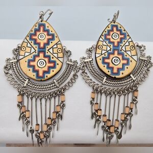 Handcrafted Southwestern Aztec Wood & Metal Fringe Dangle Earrings Festival Boho